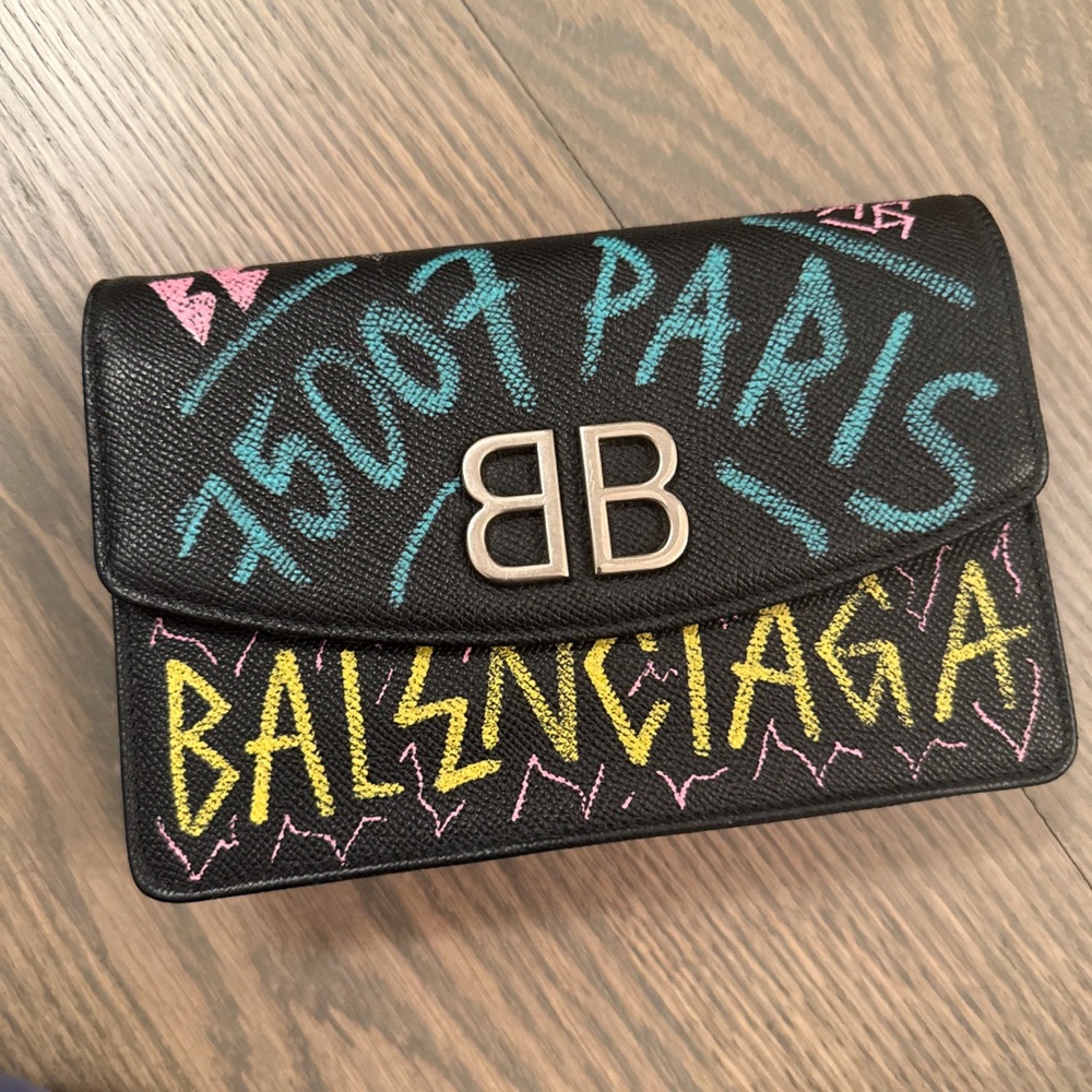 Balenciaga Black Graffiti BB Wallet Crossbody with Turquoise Yellow Pink Accents